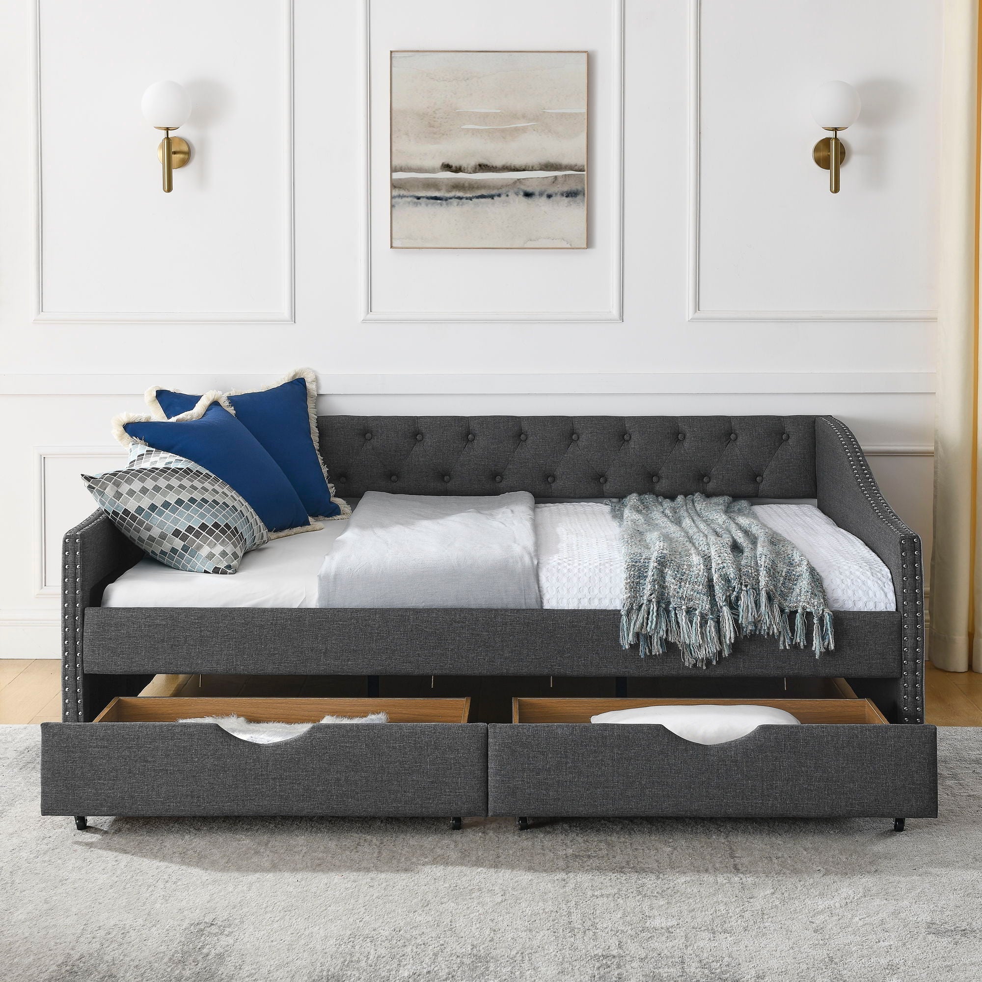 Upholstered Tufted Daybed With 2 Drawers, Waved Arms