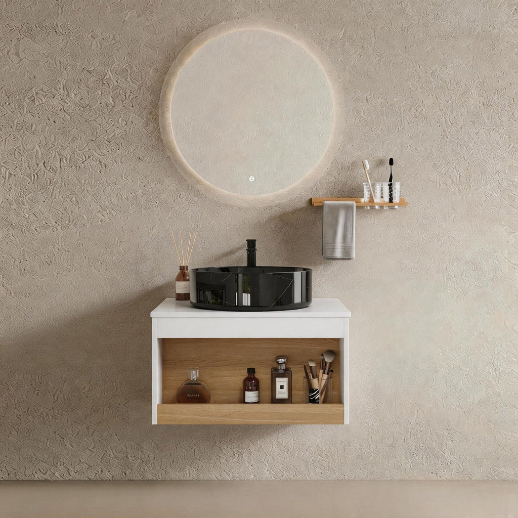 Floating Bathroom Vanity With Vessel Sink With Open Shelf Storage