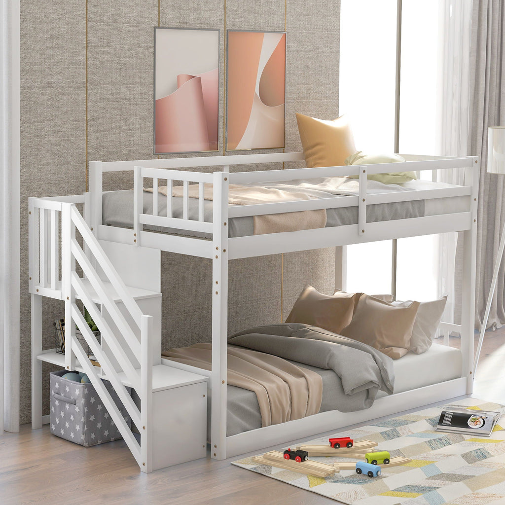 Norset - Twin Over Twin Floor Bunk Bed, Ladder With Storage