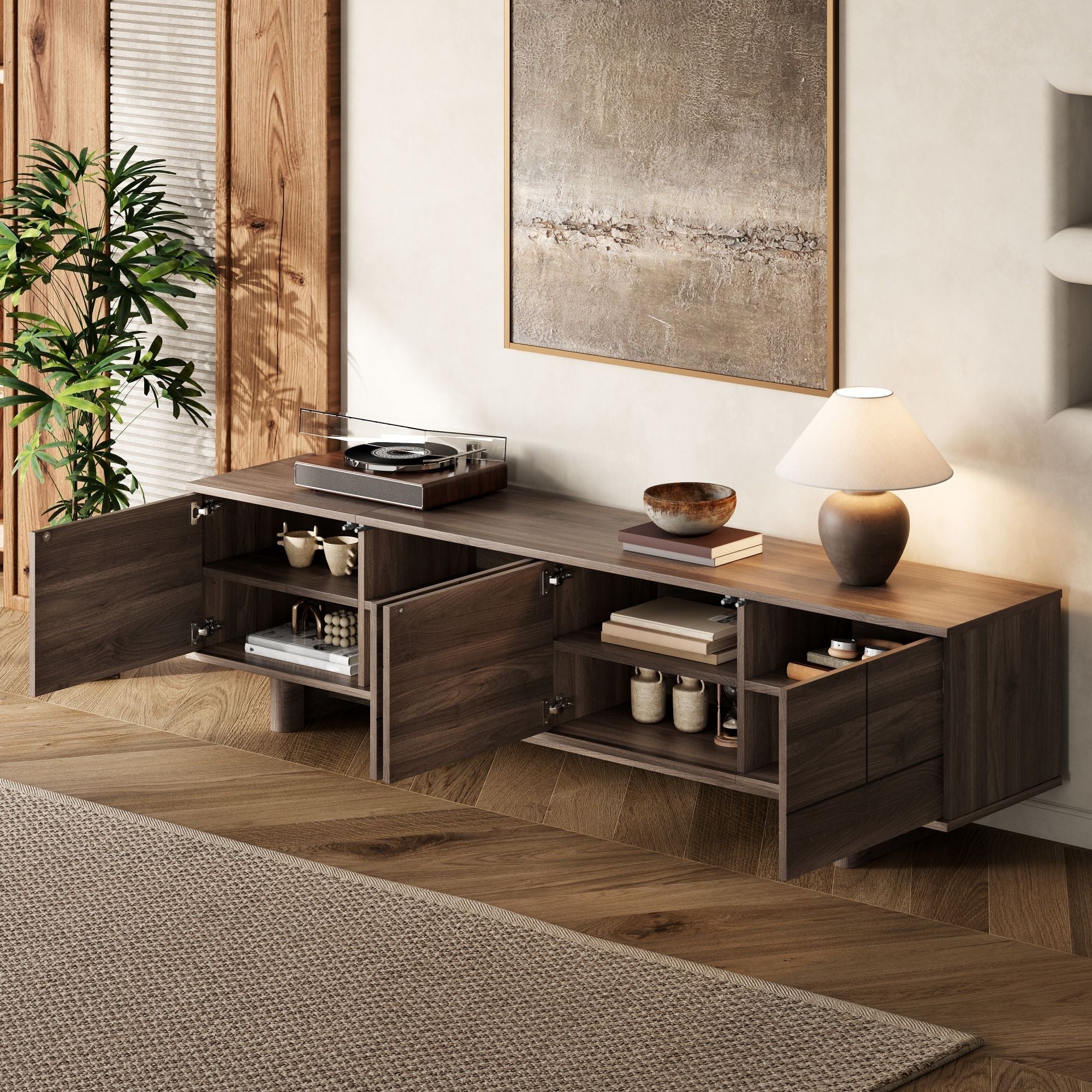TV Stand For TVs Up To 85", Entertainment Center, Cable Management, Push Openers, Soft Closing Hinges & Adjustable Shelves - Dark Brown