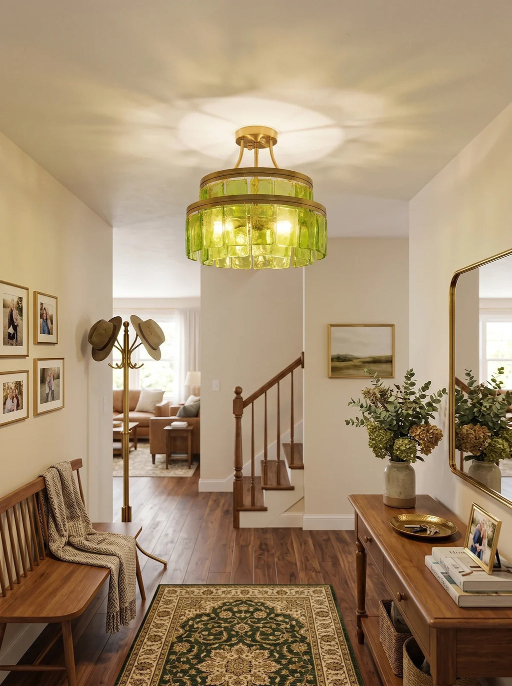 Green Glass Drum-Shaped Ceiling Light