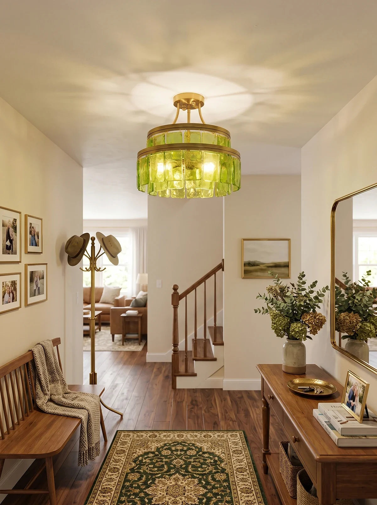Green Glass Drum-Shaped Ceiling Light