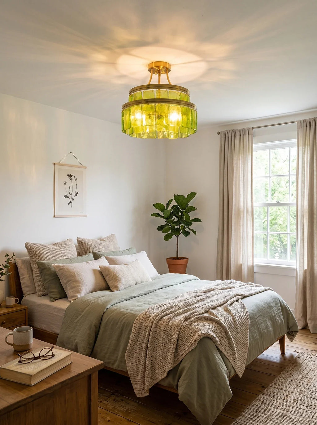Green Glass Drum-Shaped Ceiling Light