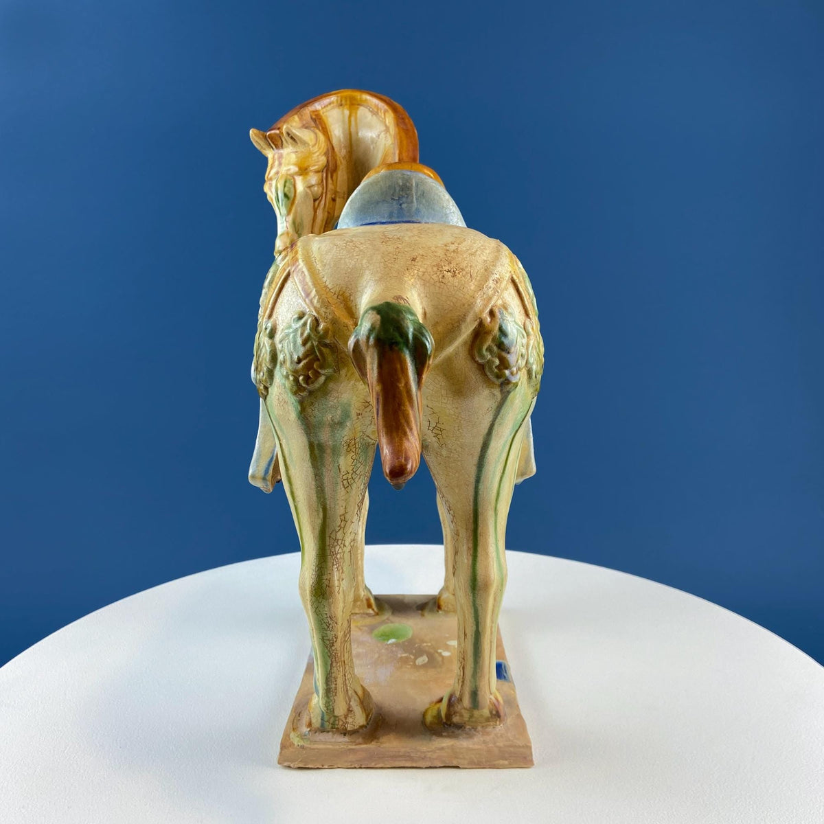 16.5" Tang Dynasty Like Ceramic War Horse. Chinese Sancai 3 Color Streaked Glaze. Collectible Animal Figurine. Gift for Him. Art Home Decor.