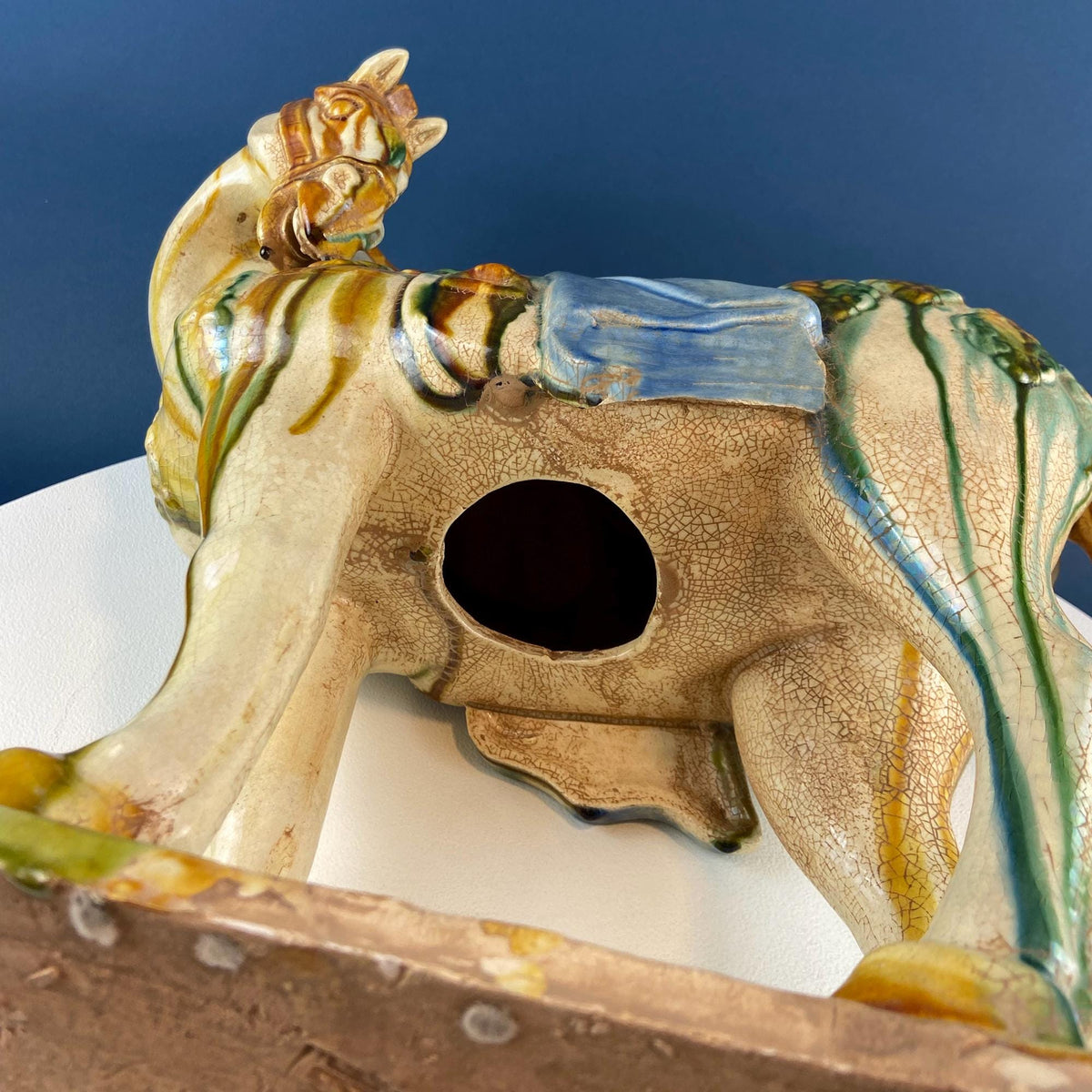 16.5" Tang Dynasty Like Ceramic War Horse. Chinese Sancai 3 Color Streaked Glaze. Collectible Animal Figurine. Gift for Him. Art Home Decor.