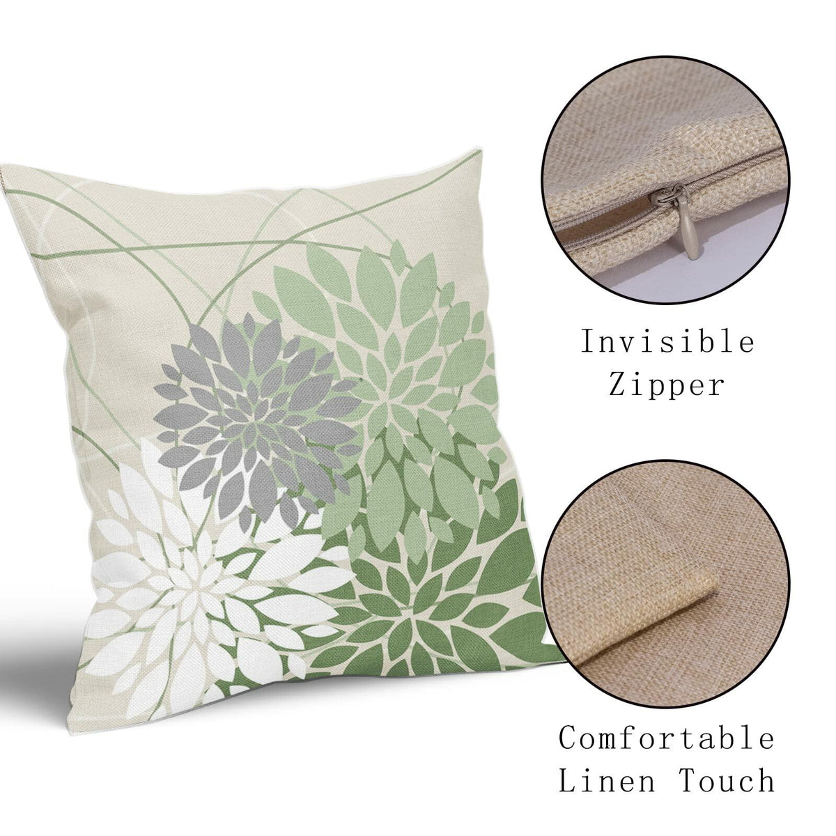 Sweetshow Sage Green Dahlia Linen Pillow Covers 18x18 Inch Set of 2