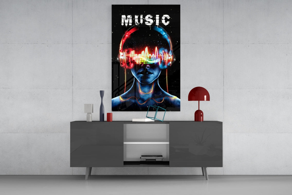 Neon Headphones Face With Sound Wave Glass Wall Art