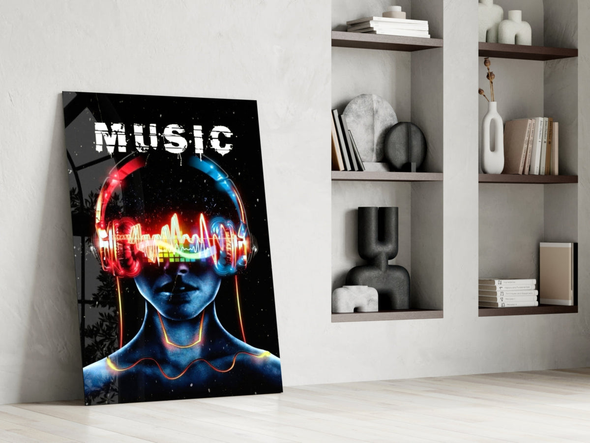 Neon Headphones Face With Sound Wave Glass Wall Art