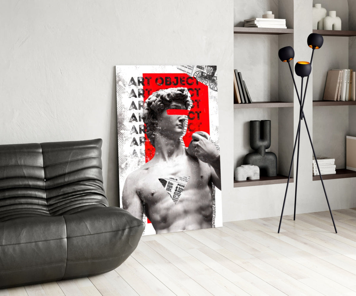 Marble Statue Collage Red Block Glass Wall Art